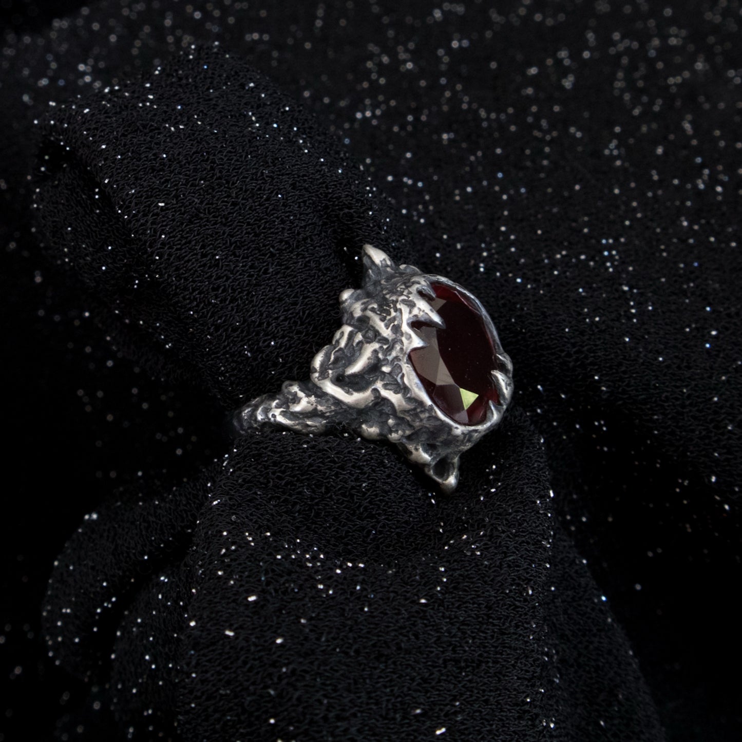 Orlok Ring - Garnet and Grey Moonstone