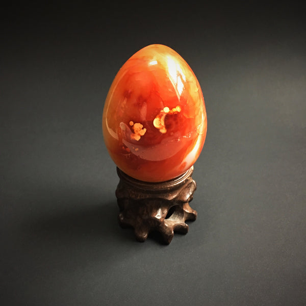 Carnelian Agate Crystal Dragon Egg with Wooden Stand