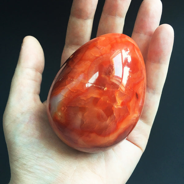 Carnelian Agate Crystal Dragon Egg with Wooden Stand